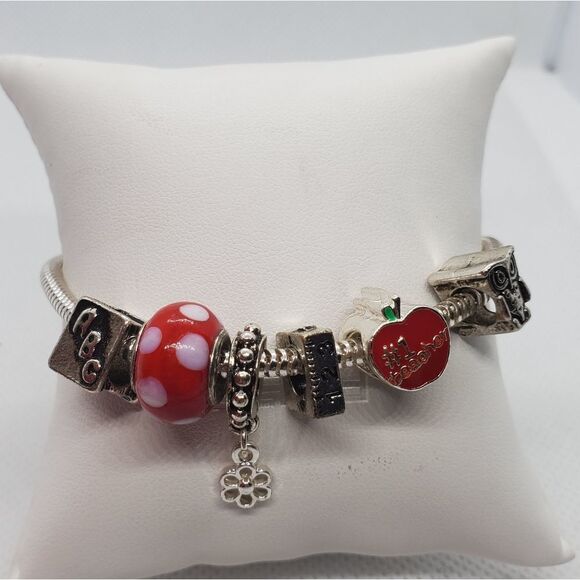Silver Tone & Red Teacher European Charm Bracelet - Picture 2 of 5